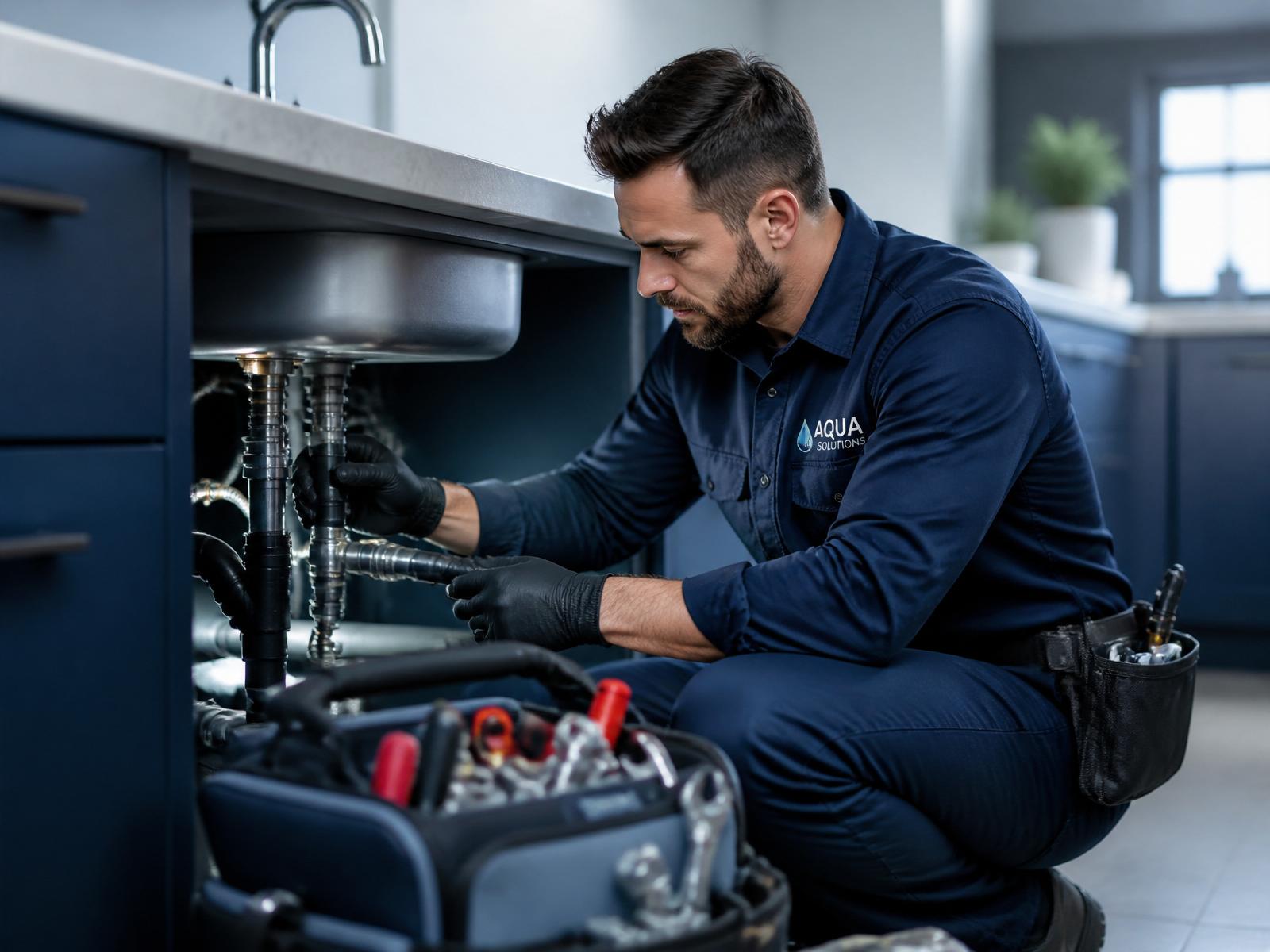 Professional plumber repairing pipes under a kitchen sink